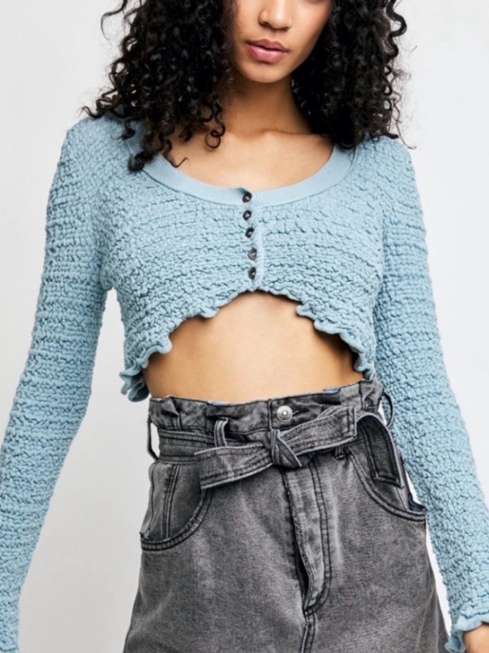 Free People Rosehip Textured Cropped Cardi- Light Blue